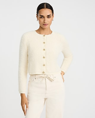 Fuzzy Crew Neck Novelty Button Cardigan - image 2