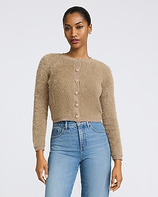 Fuzzy Crew Neck Novelty Button Cardigan | Express