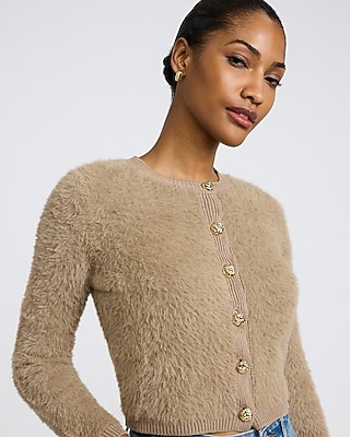 Fuzzy Crew Neck Novelty Button Cardigan | Express