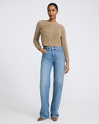 Fuzzy Crew Neck Novelty Button Cardigan | Express