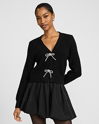 Ribbed V-neck Rhinestone Bow Cardigan | Express