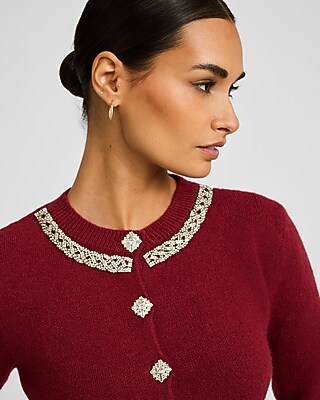 Rhinestone Embellished Crew Neck Button Front Cardigan - image 2