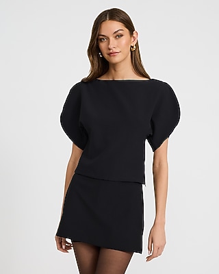 Boat Neck Short Sleeve Tailored Top in Studio Stretch Twill