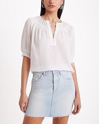 Smocked Short Puff Sleeve Half Button Up Top | Express