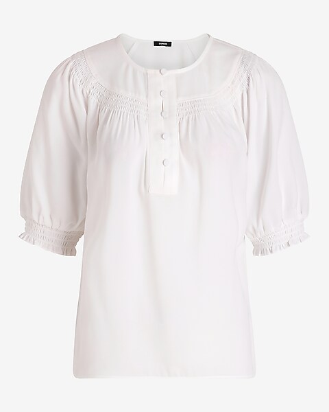 Smocked Short Puff Sleeve Half Button Up Top