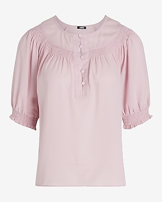 Smocked Short Puff Sleeve Half Button Up Top
