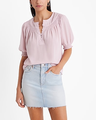 Smocked Short Puff Sleeve Half Button Up Top