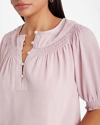 Smocked Short Puff Sleeve Half Button Up Top