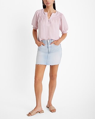 Smocked Short Puff Sleeve Half Button Up Top