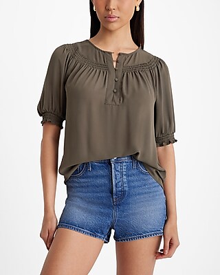 Express Smocked Short Puff Sleeve Half Button Up Top | Arden