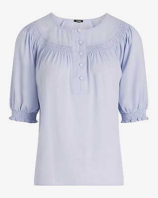 Smocked Short Puff Sleeve Half Button Up Top