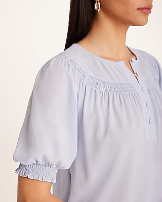 Smocked Short Puff Sleeve Half Button Up Top