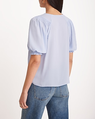 Smocked Short Puff Sleeve Half Button Up Top