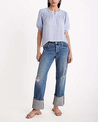 Smocked Short Puff Sleeve Half Button Up Top