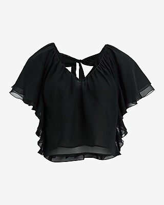 V-Neck Short Sleeve Tie Back Ruffle Top