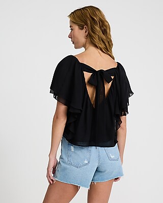 V-Neck Short Sleeve Tie Back Ruffle Top