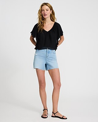 V-Neck Short Sleeve Tie Back Ruffle Top