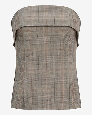 Plaid Fold Over Strapless Tailored Tube Top