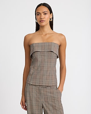 Plaid Fold Over Strapless Tailored Tube Top
