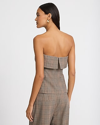 Plaid Fold Over Strapless Tailored Tube Top