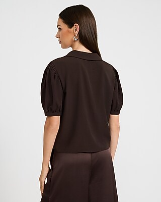Crepe V-Neck Puff Sleeve Shirt