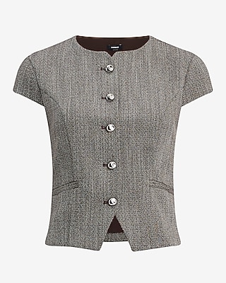 Herringbone Novelty Button Short Sleeve Tailored Top