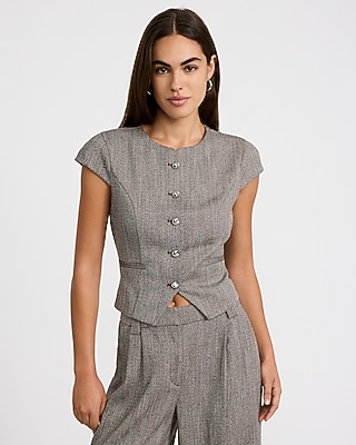 Herringbone Novelty Button Short Sleeve Tailored Top