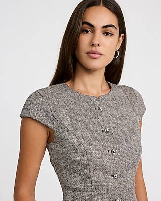 Herringbone Novelty Button Short Sleeve Tailored Top