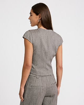 Herringbone Novelty Button Short Sleeve Tailored Top