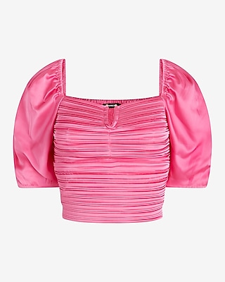 Satin V-Bar Puff Sleeve Ruched Pleated Top