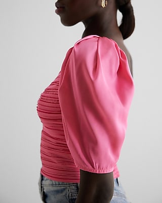 Satin V-Bar Puff Sleeve Ruched Pleated Top