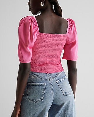 Satin V-Bar Puff Sleeve Ruched Pleated Top