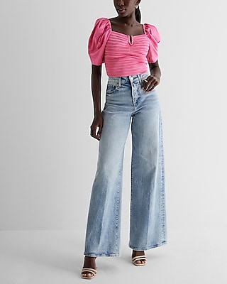 Satin V-Bar Puff Sleeve Ruched Pleated Top