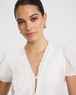 V-Neck Puff Sleeve Eyelet Placket Shirt