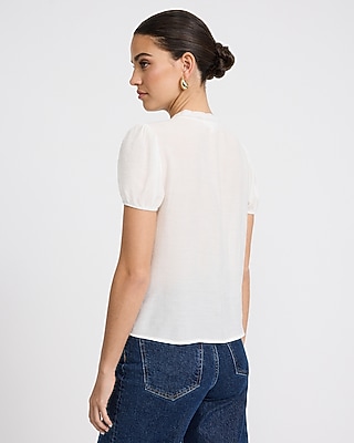 V-Neck Puff Sleeve Eyelet Placket Shirt