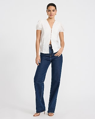 V-Neck Puff Sleeve Eyelet Placket Shirt