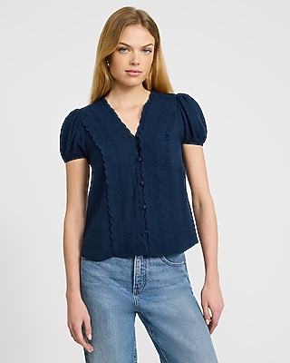 V-Neck Puff Sleeve Eyelet Placket Shirt