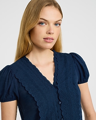 V-Neck Puff Sleeve Eyelet Placket Shirt