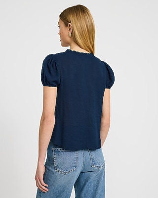 V-Neck Puff Sleeve Eyelet Placket Shirt