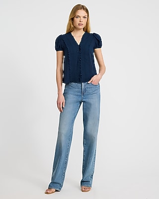 V-Neck Puff Sleeve Eyelet Placket Shirt