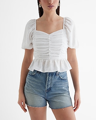 Sweetheart Neckline Puff Sleeve Ruched Peplum Top