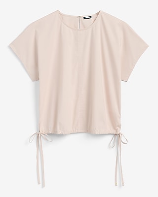 Stretch Cotton Poplin Crew Neck Side Tie Cinched Hem Top