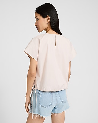 Stretch Cotton Poplin Crew Neck Side Tie Cinched Hem Top
