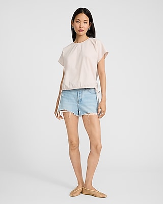 Stretch Cotton Poplin Crew Neck Side Tie Cinched Hem Top