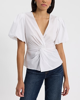 V-neck Puff Sleeve Twist Front Top | Express