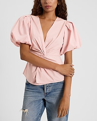Crew Neck Taffeta Puff Sleeve Tee | Express