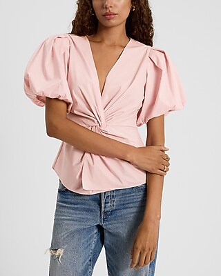 V-neck Puff Sleeve Twist Front Top | Express