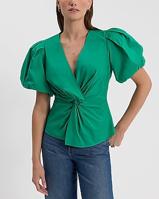 V-Neck Puff Sleeve Twist Front Top