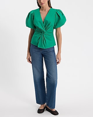 V-Neck Puff Sleeve Twist Front Top