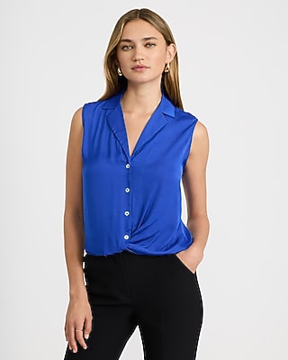 Satin Button Front Collared Sleeveless Bubble Shirt - thumbnail 4